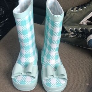 Kids Aqua Checkered Rain Boots